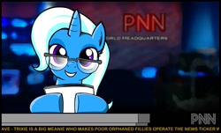 Size: 1217x737 | Tagged: safe, artist:marcusmaximus, character:trixie, desk, game, glasses, minty fresh adventure, news, pnn, smiling