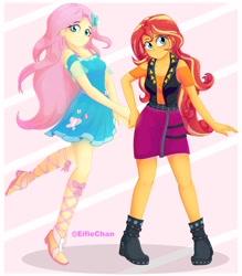Size: 3500x4000 | Tagged: safe, artist:eifiechan, character:fluttershy, character:sunset shimmer, my little pony:equestria girls, clothing, cute, female, smiling