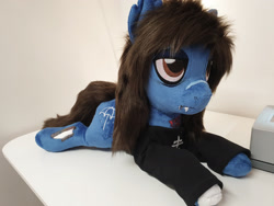 Size: 2016x1512 | Tagged: safe, artist:epicrainbowcrafts, species:earth pony, species:pony, bags under eyes, bone, bring me the horizon, clothing, commission, drop dead clothing, fangs, irl, lip piercing, long sleeves, male, oliver sykes, photo, piercing, plushie, ponified, prone, scar, sewing machine, shirt, solo, stallion, stitches, tattoo, undead, zombie, zombie pony