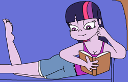 Size: 1264x812 | Tagged: safe, artist:logan jones, character:twilight sparkle, my little pony:equestria girls, barefoot, book, clothing, couch, feet, female, lidded eyes, one leg raised, reading, relaxing, shorts, smiling, tank top