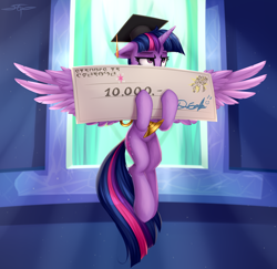 Size: 3000x2911 | Tagged: safe, artist:setharu, character:twilight sparkle, character:twilight sparkle (alicorn), species:alicorn, species:pony, episode:the beginning of the end, g4, my little pony: friendship is magic, check, clothing, daedric script, female, giant check, graduation cap, hat, scene interpretation, solo, the elder scrolls, trophy, twilight is not amused, unamused