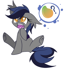Size: 2500x2673 | Tagged: safe, artist:starlightlore, oc, oc only, oc:echo, species:bat pony, species:pony, colored pupils, cute, dialogue, ear tufts, fangs, female, food, mango, mare, ocbetes, open mouth, pictogram, simple background, sitting, solo, speech bubble, that batpony sure does love mangoes, transparent background, underhoof