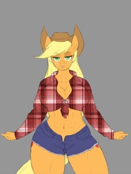 Size: 1200x1600 | Tagged: safe, artist:lurking tyger, character:applejack, species:anthro, species:earth pony, species:pony, abs, belly button, both cutie marks, breasts, busty applejack, cleavage, clothing, female, front knot midriff, gray background, looking at you, midriff, muscles, muscular female, plaid shirt, shorts, simple background, solo, unmoving plaid