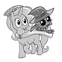 Size: 2000x2000 | Tagged: safe, artist:petirep, oc, oc only, species:pony, species:unicorn, chubbie, black and white, buck legacy, card art, chibi, clothing, fantasy class, female, floating, grayscale, hat, jewelry, levitation, magic, monochrome, not trixie, simple background, staff, telekinesis, transparent background, wizard, wizard hat