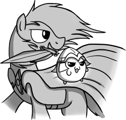 Size: 940x900 | Tagged: safe, artist:petirep, oc, oc only, species:pony, chubbie, black and white, buck legacy, card art, chibi, cloak, clothing, determined, floating, grayscale, hat, helmet, levitation, magic, male, monochrome, simple background, sword, telekinesis, transparent background, weapon