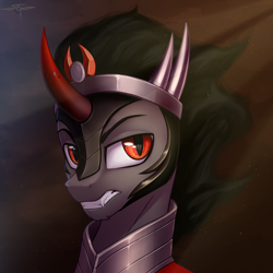 Size: 3000x3000 | Tagged: safe, artist:setharu, character:king sombra, species:pony, species:unicorn, bust, colored horn, commission, crepuscular rays, curved horn, high res, horn, male, portrait, solo, stallion
