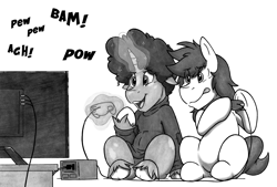 Size: 6383x4307 | Tagged: safe, artist:denzel, oc, oc only, oc:denzel, oc:idle thoughts, species:earth pony, species:pony, species:unicorn, afro, controller, gamecube, gamecube controller, magic, monochrome, simple background, sweatshirt, television, unshorn fetlocks