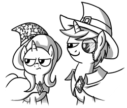 Size: 930x793 | Tagged: safe, artist:petirep, oc, oc only, species:pony, species:unicorn, annoyed, black and white, buck legacy, buckle, card art, cloak, clothing, fantasy class, female, grayscale, hat, jewelry, monochrome, monocle, not trixie, simple background, transparent background, wizard, wizard hat