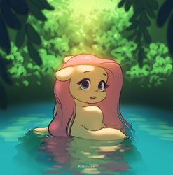 Size: 2522x2550 | Tagged: safe, artist:katputze, character:fluttershy, species:anthro, species:pegasus, g4, casual nudity, cheek fluff, cute, female, floppy ears, frown, implied nudity, looking at you, looking back, looking back at you, mare, nature, nudity, open mouth, shyabetes, skinny dipping, solo, spread wings, surprised, water, wide eyes, wings