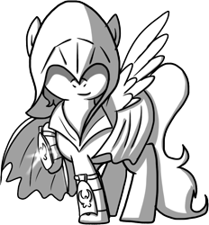 Size: 788x850 | Tagged: safe, artist:petirep, oc, oc only, species:pegasus, species:pony, assassin, black and white, blade, buck legacy, card art, clothing, covered eyes, grayscale, hidden blade, hood, looking at you, male, monochrome, night vision goggles, robe, simple background, solo, stealth suit, steampunk, transparent background