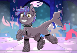 Size: 990x684 | Tagged: safe, artist:dbkit, oc, clothing, club, commission, dancing, fanfic art, fishnets, monster mare, monster pony, original species, shark pony, stockings, thigh highs