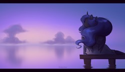 Size: 2236x1299 | Tagged: safe, artist:katputze, character:princess luna, species:anthro, clothing, cloud, female, pier, reflection, solo, water