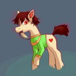 Size: 1920x1920 | Tagged: safe, artist:php93, species:earth pony, species:pony, aura, chara, jumper, knife, mouth hold, ponified, solo, undertale