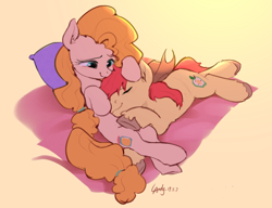Size: 1124x863 | Tagged: safe, artist:luciferamon, character:bright mac, character:pear butter, species:earth pony, species:pony, ship:brightbutter, episode:the perfect pear, g4, my little pony: friendship is magic, brightabetes, cute, ear fluff, eyes closed, female, gradient background, male, mare, pearabetes, shipping, sleeping, smiling, stallion, straight