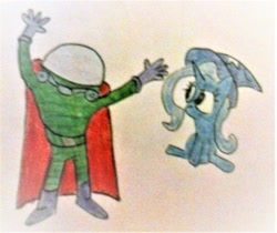 Size: 1521x1277 | Tagged: safe, artist:dex stewart, character:trixie, species:pony, mysterio, spider-man, traditional art