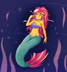 Size: 2600x2800 | Tagged: safe, artist:eifiechan, character:sunset shimmer, my little pony:equestria girls, belly button, bra, breasts, cleavage, clothing, cutie mark pendant, female, freckles, grin, jewelry, mermaid, mermaidized, midriff, necklace, smiling, solo, species swap, torn clothes, underwater, underwear
