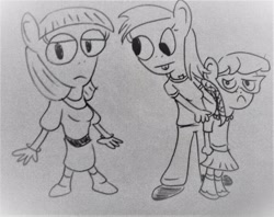 Size: 1667x1320 | Tagged: safe, artist:dex stewart, character:derpy hooves, character:maud pie, character:silver spoon, species:anthro, bucktooth, fairly odd parents, lineart, monochrome, traditional art