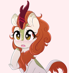 Size: 1688x1794 | Tagged: safe, artist:fluffymaiden, character:autumn blaze, species:kirin, episode:sounds of silence, g4, my little pony: friendship is magic, :o, awwtumn blaze, blushing, colored pupils, covering mouth, cute, ear fluff, female, hoof over mouth, leg fluff, looking at something, looking at you, open mouth, pink background, simple background, sitting, solo, starry eyes, three quarter view, white background, wide eyes, wingding eyes