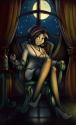 Size: 1050x1725 | Tagged: safe, artist:glancojusticar, character:rarity, species:human, alcohol, clothing, crossed legs, dark, drink, female, high heels, humanized, legs, moon, nail polish, night, pantyhose, shoes, sitting, skirt, skirt suit, solo, suit, tube skirt, window, wine, wine bottle, wine glass