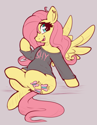 Size: 1425x1827 | Tagged: safe, artist:graphene, character:fluttershy, species:pegasus, species:pony, bottomless, clothing, cute, female, hair over one eye, long sleeve shirt, looking at you, mare, open mouth, partial nudity, raised hoof, shyabetes, sitting, smiling, solo, spread wings, wings