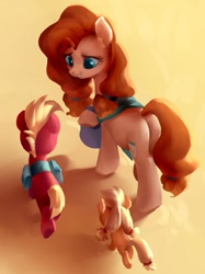Size: 711x950 | Tagged: safe, artist:luciferamon, character:applejack, character:big mcintosh, character:pear butter, species:earth pony, species:pony, brother and sister, butt, colt, colt big macintosh, female, filly, filly applejack, lineless, male, mare, mother and child, mother and daughter, mother and son, pear butt, pigtails, plot, saddle bag, siblings, twintails, wip, younger