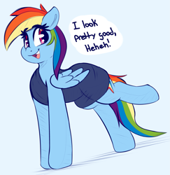 Size: 1587x1635 | Tagged: safe, artist:graphene, character:rainbow dash, species:pegasus, species:pony, blue background, clothing, cute, dashabetes, dialogue, dress, female, mare, open mouth, simple background, solo, speech bubble, truth