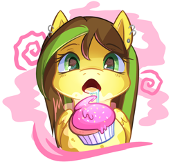 Size: 2200x2050 | Tagged: safe, artist:zombie, oc, oc:thunderjolt, species:pegasus, species:pony, bolt, brown, cupcake, drool, earth, female, food, green, hungry, lightning, lip ring, piercing, solo, yellow