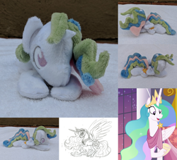 Size: 2382x2160 | Tagged: safe, artist:lauren faust, artist:plushbyanto, character:princess celestia, species:alicorn, species:pony, episode:make new friends but keep discord, g4, my little pony: friendship is magic, beanie (plushie), behind the scenes, chibi, clothing, cloven hooves, concept art, crown, cute, cutelestia, dress, female, gala dress, happy, hoof shoes, horn, irl, jewelry, lineart, lying down, mare, minky, missing accessory, monochrome, necklace, no crown, no mouth, no nostrils, no pupils, open mouth, pencil drawing, photo, plushie, prone, raised hoof, rearing, regalia, sketch, smiling, solo, sparkles, sploot, spread wings, tiara, toy, traditional art, underhoof, wide eyes, wings
