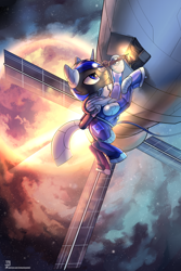 Size: 2000x3000 | Tagged: safe, artist:jedayskayvoker, oc, oc only, oc:pixel shield, species:pony, species:unicorn, astronaut, equestrian flag, floating, male, planet, solo, space, space station, space suit, working, ych result