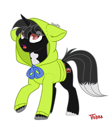 Size: 1916x2086 | Tagged: safe, artist:cloud-fly, artist:vodka, base used, oc, oc only, oc:dog whisperer, species:pony, species:unicorn, clothing, cute, eye clipping through hair, female, hoodie, looking up, mare, one hoof raised, open mouth, raised hoof, ribbon, rule 63, simple background, solo, standing, surprised, transparent background, unshorn fetlocks, ych result