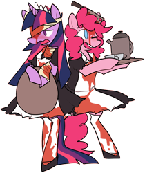 Size: 1000x1191 | Tagged: safe, artist:ghost, character:pinkie pie, character:twilight sparkle, species:pony, bandage, bipedal, blood, clothing, costume, costume blood, injured, maid, waitress