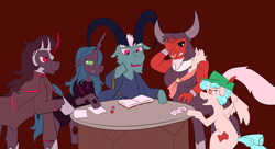 Size: 2264x1229 | Tagged: safe, artist:php93, character:cozy glow, character:grogar, character:king sombra, character:lord tirek, character:queen chrysalis, alternate costumes, dice, dungeons and dragons, gaming, pen and paper rpg, playing card, rpg
