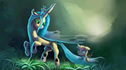 Size: 4000x2232 | Tagged: safe, artist:auroriia, character:queen chrysalis, species:changeling, cute, cutealis, cuteling, female, floppy ears, grass, looking at each other, mommy chrissy, nervous