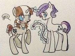 Size: 500x374 | Tagged: safe, artist:laceymod, character:rarity, oc, oc:lovelace, species:pony, species:unicorn, ask lovelace, elusive, female, magic, mare, measuring tape, rule 63