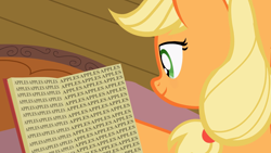 Size: 1920x1080 | Tagged: safe, artist:forgalorga, character:applejack, apple, applenese, book, everypony is strange, food, reading, smiling, text, that pony sure does love apples, tl;dr, youtube link