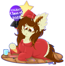 Size: 802x810 | Tagged: safe, artist:vanillaswirl6, oc, oc only, oc:historic shine, species:pony, balloon, clothing, confetti, cup, dress, eating, food, freckles, glasses, gown, graduate, graduation, graduation cap, hat, hoof hold, paper plate, pizza, tassel
