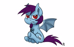 Size: 3000x1920 | Tagged: safe, artist:dawn-designs-art, oc, oc only, unnamed oc, species:bat pony, species:pony, annoyed, bat pony oc, bat wings, blue coat, facial hair, fangs, purple mane, red eyes, simple background, sitting, solo, white background, wings