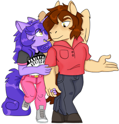 Size: 985x1028 | Tagged: safe, artist:dbkit, oc, oc:amethyst sniper, oc:bajo, species:anthro, amejo, clothing, commission, couple, holding head