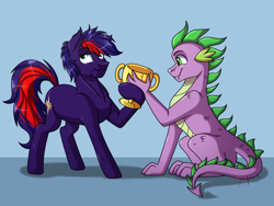 Size: 3600x2700 | Tagged: safe, artist:jack-pie, character:spike, oc, oc:purplethink, species:dragon, species:pony, commission, high res, smiling, trophy