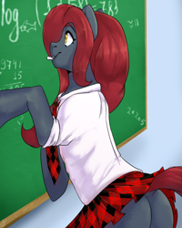 Size: 2000x2500 | Tagged: safe, artist:tigra0118, oc, oc only, oc:jessi-ka, species:earth pony, species:pony, art trade, bipedal, bipedal leaning, butt, chalk, chalkboard, clothing, cute, dock, female, leaning, miniskirt, mouth hold, my little pony, necktie, plaid skirt, pleated skirt, plot, pony oc, school uniform, shirt, skirt, skirt lift, solo, suit, upskirt