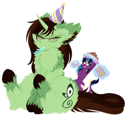 Size: 1024x957 | Tagged: safe, artist:vanillaswirl6, oc, oc only, oc:flittermint, oc:midnight fairytale, species:pony, birthday gift, cake, chest fluff, clothing, colored hooves, curved horn, eyes closed, floppy ears, fluffy, food, freckles, glasses, hat, horn, leonine tail, magic, party hat, party horn, present, puffy cheeks, unshorn fetlocks