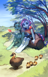 Size: 2971x4753 | Tagged: safe, artist:aphphphphp, species:anthro, species:duck, species:unguligrade anthro, cute, female, log, scenery, sitting, tree