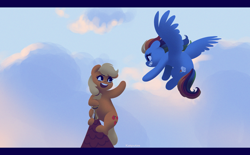 Size: 2494x1546 | Tagged: safe, artist:katputze, character:applejack, character:rainbow dash, species:earth pony, species:pegasus, species:pony, duo, female, mare, smiling