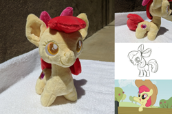 Size: 2382x1587 | Tagged: safe, artist:lauren faust, artist:plushbyanto, character:apple bloom, species:earth pony, species:pony, episode:the last roundup, g4, my little pony: friendship is magic, accessory, accessory swap, applejack's hat, bow, chibi, clothing, colored pupils, concept art, cowboy hat, female, filly, happy, hat, irl, minky, pencil drawing, photo, plushie, ribbon, smiling, solo, toy, traditional art
