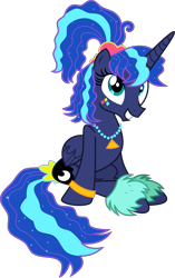 Size: 3883x6165 | Tagged: safe, artist:digimonlover101, character:princess luna, species:alicorn, species:pony, episode:between dark and dawn, g4, my little pony: friendship is magic, 80s, 80s hair, 80s princess luna, absurd resolution, alternate hairstyle, barehoof, cheerful, cute, face paint, female, folded wings, grin, hair accessory, hair dye, horn, jewelry, leg warmers, long horn, looking up, lunabetes, mare, necklace, pearl necklace, ponytail, retro, simple background, sitting, smiling, solo, tail accessory, too cute, transparent background, vector, wings