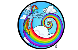 Size: 1280x820 | Tagged: safe, artist:dawn-designs-art, character:rainbow dash, species:pegasus, species:pony, behind, circle, cloud, female, flying, rainbow, rainbow trail, sky, solo, spiral