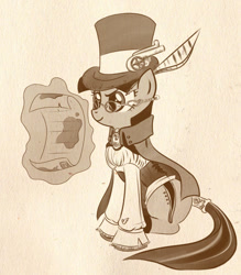 Size: 603x689 | Tagged: safe, artist:bunnimation, character:twilight sparkle, species:pony, species:unicorn, brown background, cape, clothing, female, glasses, hat, high res, magic, mare, monochrome, photoshop, simple background, sitting, solo, steampunk, tail wrap, top hat