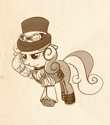 Size: 516x585 | Tagged: safe, artist:bunnimation, character:sweetie belle, species:pony, species:unicorn, brown background, clothing, female, filly, goggles, hat, monochrome, photoshop, raised hoof, simple background, solo, steampunk, top hat