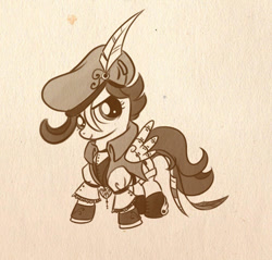 Size: 569x545 | Tagged: safe, artist:bunnimation, character:scootaloo, species:pegasus, species:pony, brown background, clothing, feather, female, filly, hat, monochrome, photoshop, simple background, solo, steampunk