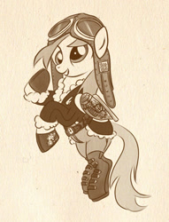 Size: 451x591 | Tagged: safe, artist:bunnimation, character:derpy hooves, species:pony, aviator hat, bomber jacket, boots, clothing, female, flying, goggles, hat, jacket, mare, monochrome, photoshop, shoes, simple background, solo, steampunk, white background